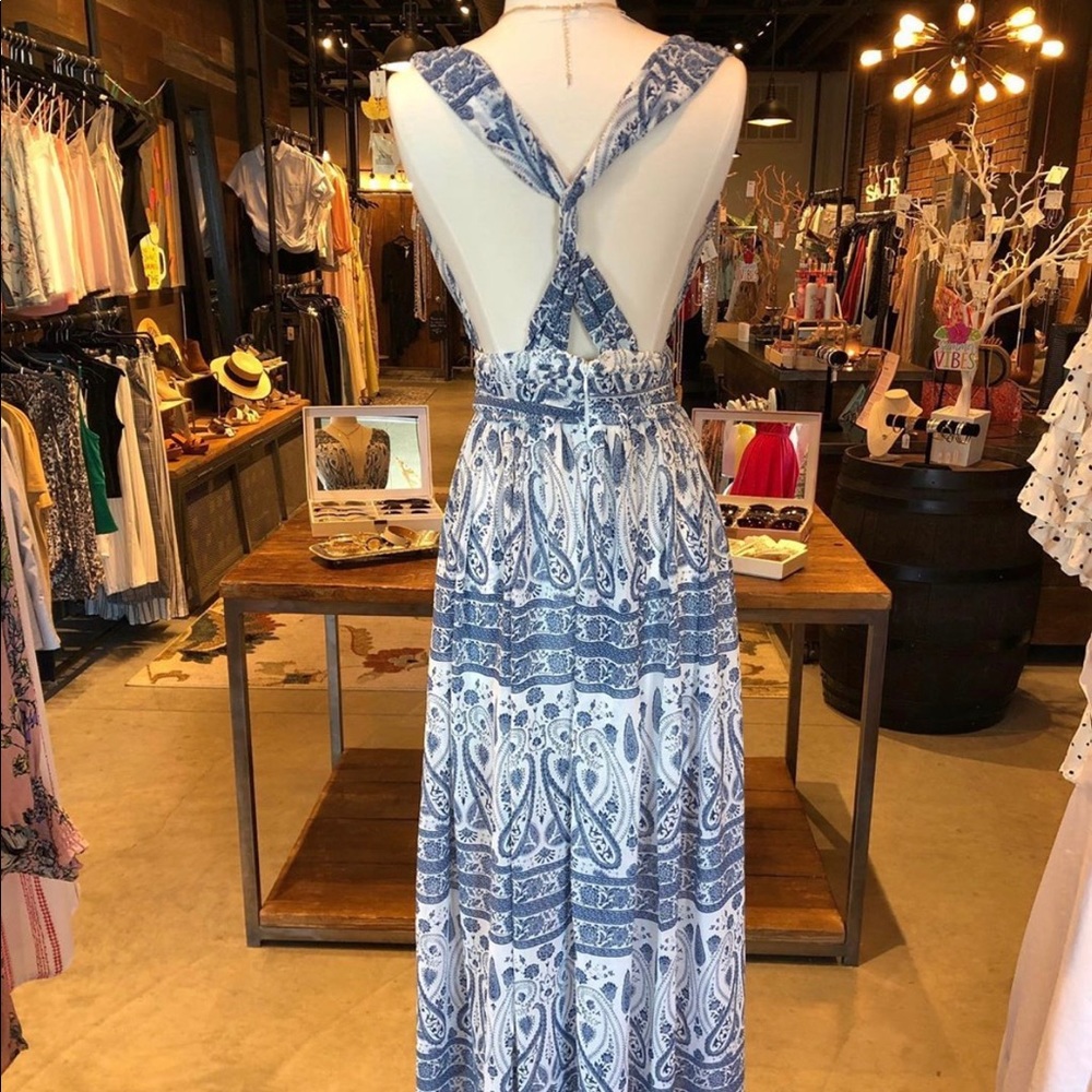 Deep V Neck Back Twist Maxi Dress BLUE Medium